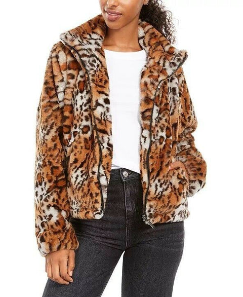 NEW JOUJOU Faux-Fur Brown Animal Print Winter Jacket Pockets Coat Soft Size XL