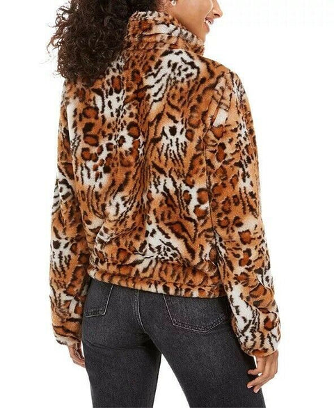 NEW JOUJOU Faux-Fur Brown Animal Print Winter Jacket Pockets Coat Soft Size XL