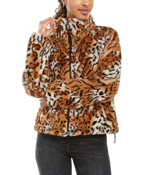 NEW JOUJOU Faux-Fur Brown Animal Print Winter Jacket Pockets Coat Soft Size XL