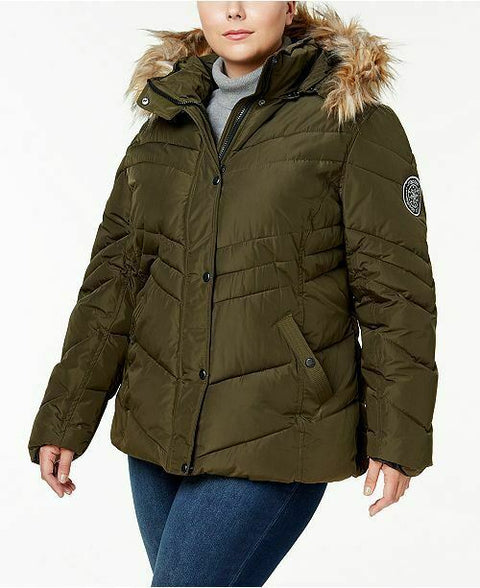 $119 NEW Madden Girl Women's Olive Faux Fur Hooded Puffer Coat Jacket Size S