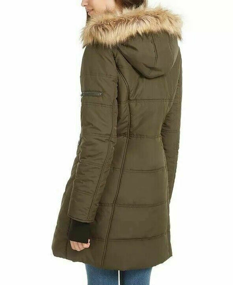 NEW Maralyn & Me Women Faux-Fur Trim Hooded Puffer Coat Jacket Size 2XL Olive