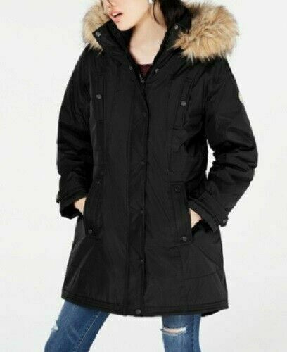 $159 NEW Madden Girl Womens Black Faux Fur Hooded Puffer PARKA Coat Jacket S