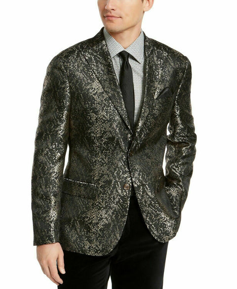 $295 TALLIA Men Two Button Jacket Jacquard Print Black Gold Slim Sport Coat 46R