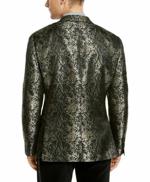 $295 TALLIA Men Two Button Jacket Jacquard Print Black Gold Slim Sport Coat 46R