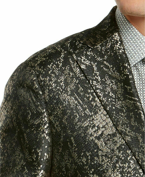 $295 TALLIA Men Two Button Jacket Jacquard Print Black Gold Slim Sport Coat 46R
