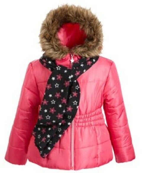 $75 S Rothschild & CO Little Girls Hooded Jacket Faux-Fur Trim & Scarf Pink 5-6