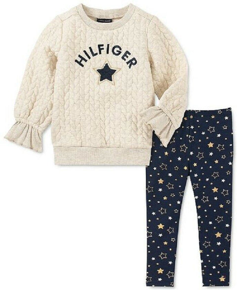 Tommy Hilfiger Little Girls 2-Pc Quilted Sweatshirt & Star-Print Leggings Set 3T