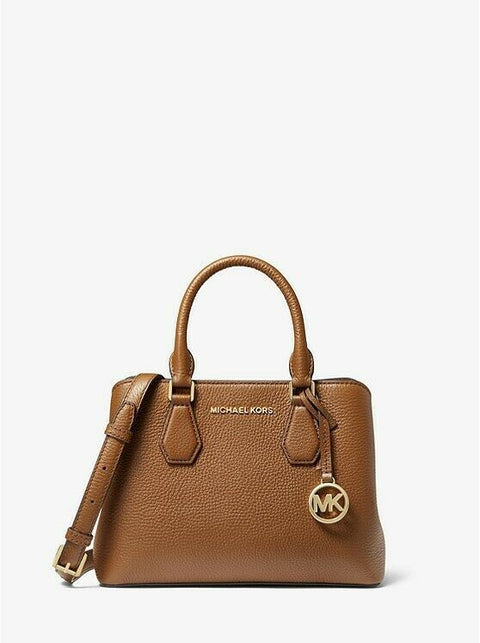 $328 MICHAEL KORS Women's Camille Small Pebbled Leather Satchel Hand Bag Brown
