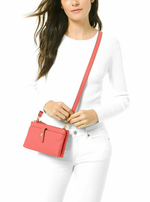 $148 Michael Kors Women Charm Medium Tab Double Zip Leather Phone Crossbody BAG