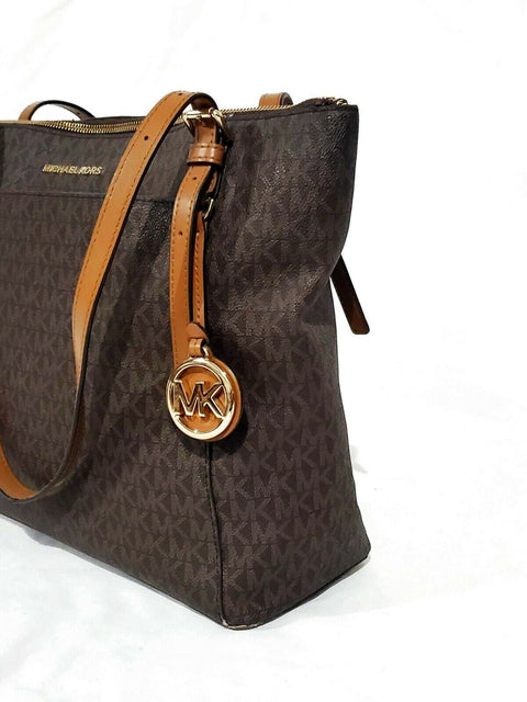 $228 MICHAEL KORS Womens Voyager Large East/West Top Zip Tote Brown Signtaure