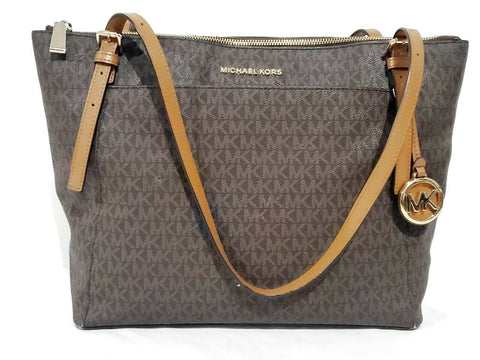 $228 MICHAEL KORS Womens Voyager Large East/West Top Zip Tote Brown Signtaure