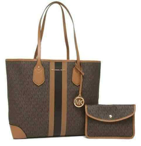 $228 MICHAEL KORS Womens EVA Large Brown Signature Tote Bag Brown W/ Clutch