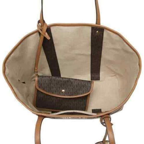 $228 MICHAEL KORS Womens EVA Large Brown Signature Tote Bag Brown W/ Clutch