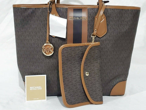 $228 MICHAEL KORS Womens EVA Large Brown Signature Tote Bag Brown W/ Clutch