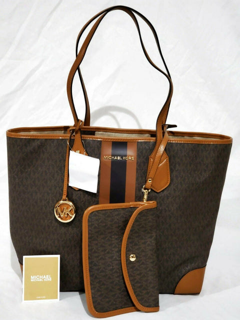 $228 MICHAEL KORS Womens EVA Large Brown Signature Tote Bag Brown W/ Clutch