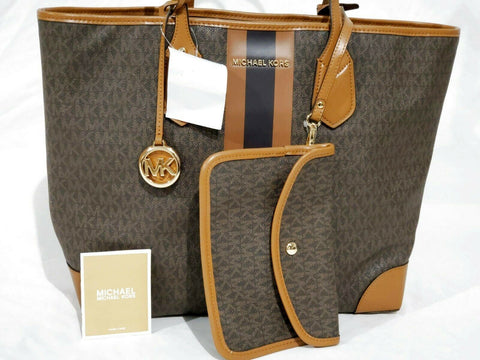 $228 MICHAEL KORS Womens EVA Large Brown Signature Tote Bag Brown W/ Clutch