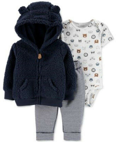 New Carters Baby 3 Piece Hooded Jacket Set Blue Sherpa Bodysuit Size 6 Months