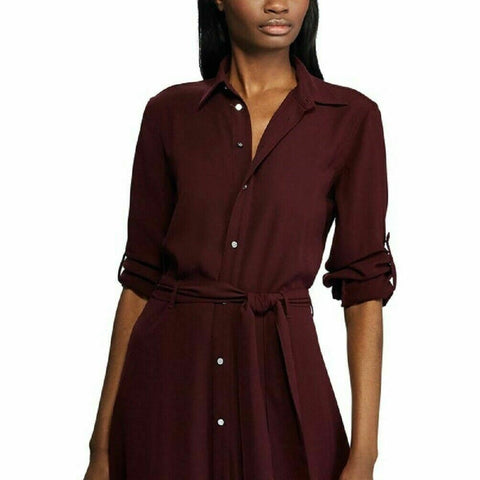 Lauren Ralph Lauren Karalynn Long Sleeve Beltd Collar Button Dress Shirt Wine 16
