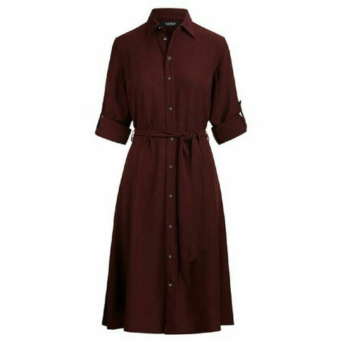 Lauren Ralph Lauren Karalynn Long Sleeve Beltd Collar Button Dress Shirt Wine 16