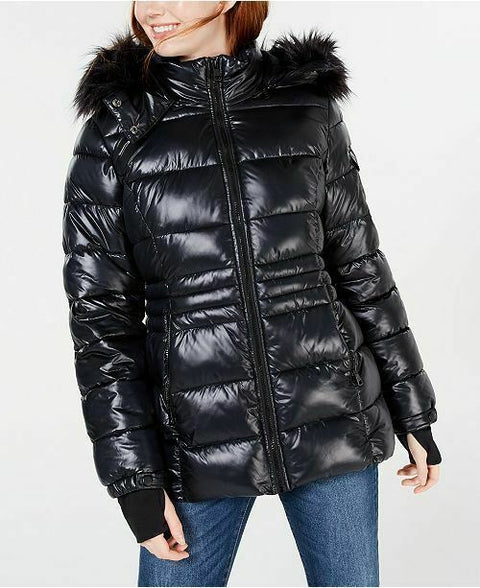 $159 Madden Girl Women Hooded Faux-Fur-Trim Shine Puffer Coat Jacket Size 2XL