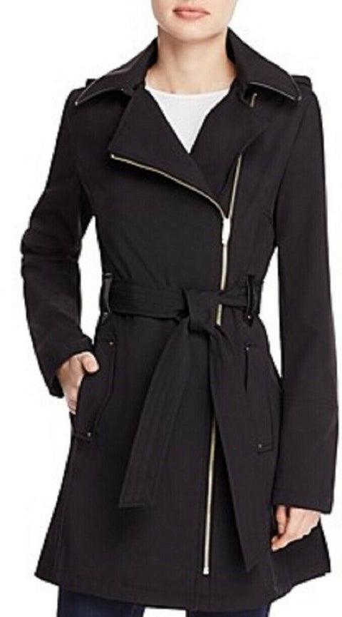 $180 New DKNY Women 's Asymmetrical ZIP Black Jacket Trench Coat Size XS