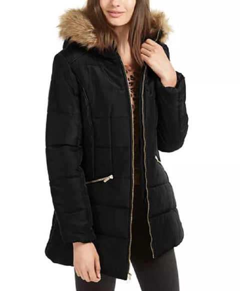 New Celebrity PINK Women's Black Puffer Jacket Coat Faux Fur Trim hood Size L