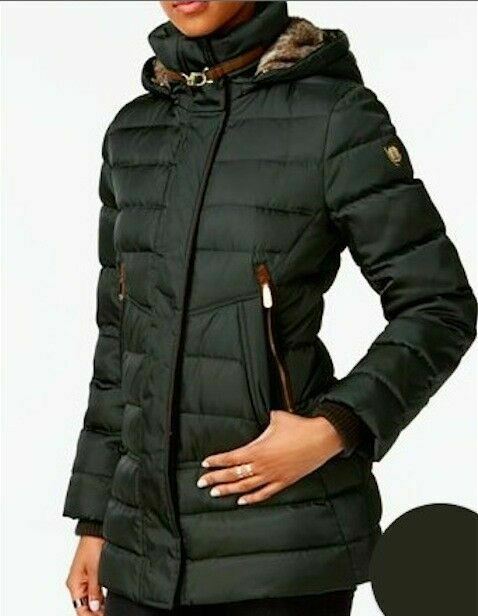 $280 Vince Camuto Women Hooded Faux-Fur-Trim Puffer Coat Jacket Blue Size XL