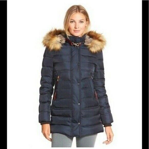 $280 Vince Camuto Women Hooded Faux-Fur-Trim Puffer Coat Jacket Blue Size XL