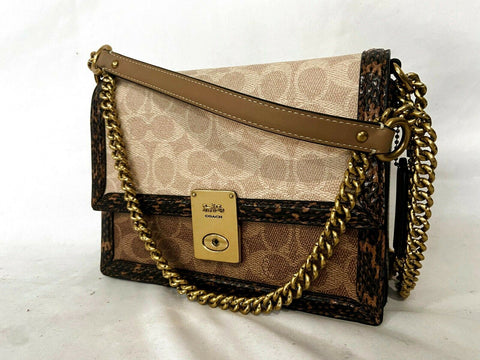 $395 COACH Women's Beige SIGNATURE Snake Hutton Shoulder Handbag Medium