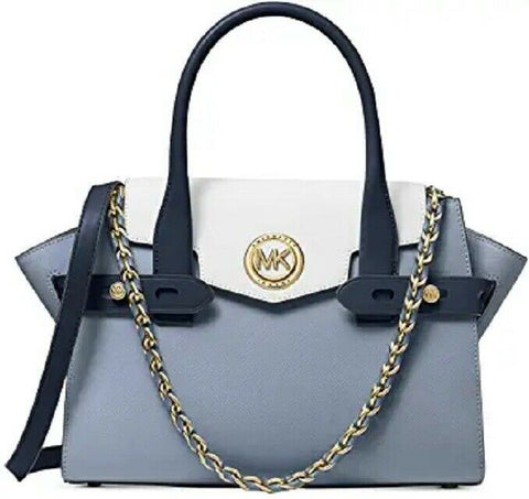 $328 MICHAEL Kors Women's Carmen Medium Flap Belted Leather Satchel Bag Blue