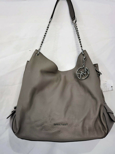 $398 MICHAEL KORS Women Lillie Gray Large Chain Tote Shoulder Bag Pebble Leather