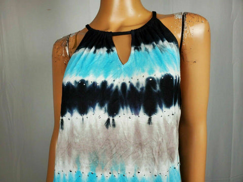 INC CONCEPTS Women Blue Tie Dye Halter Neck Blouse Top Studded Embellish Size L