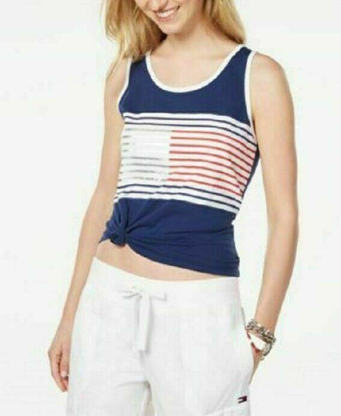 TOMMY HILFIGER Sport Women Knotted Stripe Scoop Sleeveless Knit Top  Blouse M