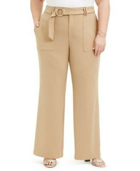 INC Concepts Women's O-Ring Belt Wide Leg Beige Stretch Dress Pants Plus 24W