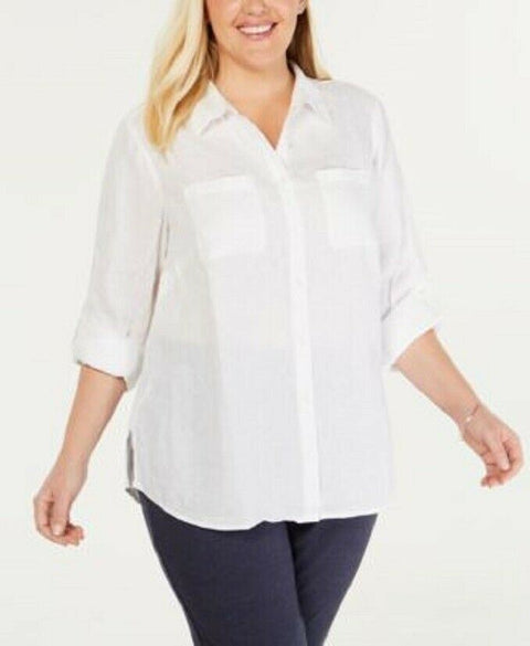 Charter Club Women's White Linen Button Front Roll Sleeve Shirt Top Size Plus 1X