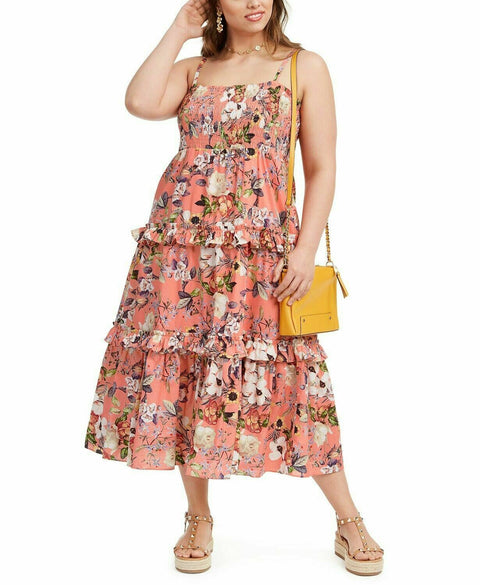 New INC Concepts Women Cotton Floral Print Tiered Maxi Dress Orange Size Plus 0X