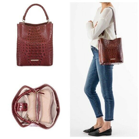 $295 New Brahmin Women's Amelia Melbourne Bucket Bag Cranberry/gold Leather