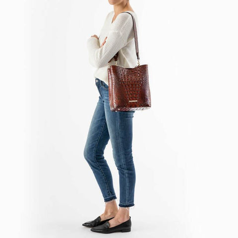 $295 New Brahmin Women's Amelia Melbourne Bucket Bag Cranberry/gold Leather