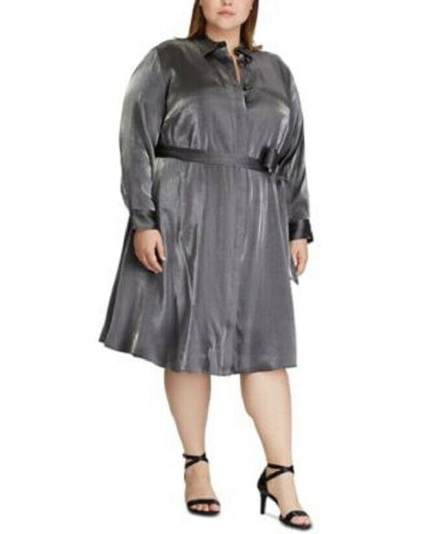 $185 New Lauren Ralph Lauren Women's Shirt Dress Belted Gray Metallic Plus 18W