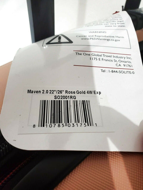 $320 New Solite Maven 2.0 Expandable Spinner Luggage 22" Carry On Rose Gold