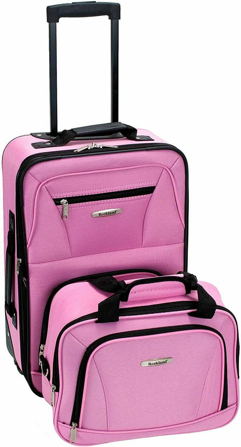 $240 New Rockland 2 Piece Carry On Luggage Set Rolling Suitcase Pink Two Wheeled
