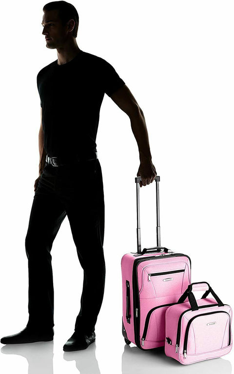 $240 New Rockland 2 Piece Carry On Luggage Set Rolling Suitcase Pink Two Wheeled