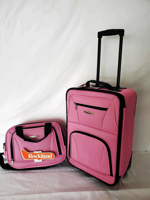 $240 New Rockland 2 Piece Carry On Luggage Set Rolling Suitcase Pink Two Wheeled