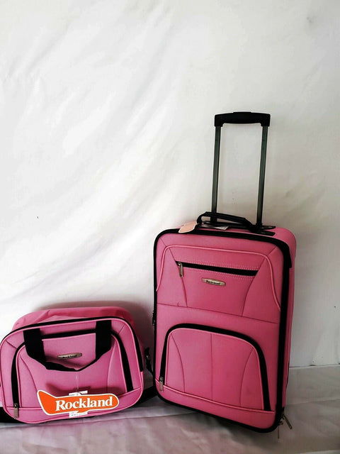 $240 New Rockland 2 Piece Carry On Luggage Set Rolling Suitcase Pink Two Wheeled