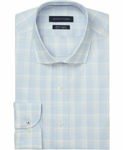 New Tommy Hilfiger Mens Tall Stretch Blue Plaids Button Dress Shirt 18 37/38 2XL