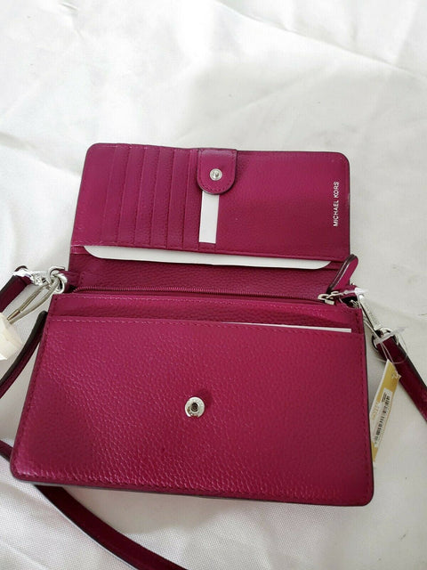 $198 Michael Kors Women's Mott Pebble Leather Phone Crossbody Wallet Red