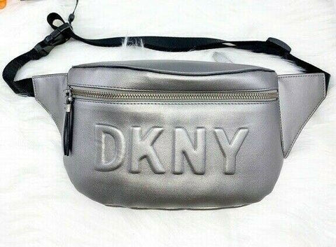 $198 New DKNY Tilly Logo Fanny Pack Belt Bag Leather Silver