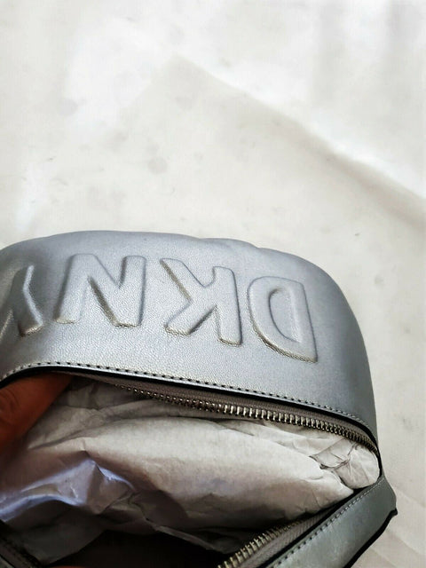 $198 New DKNY Tilly Logo Fanny Pack Belt Bag Leather Silver