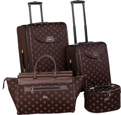 $580 New American Flyer Fleur De Lis 4 Piece Luggage Set Brown Expandable
