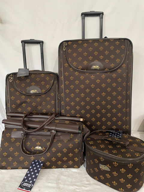 $580 New American Flyer Fleur De Lis 4 Piece Luggage Set Brown Expandable
